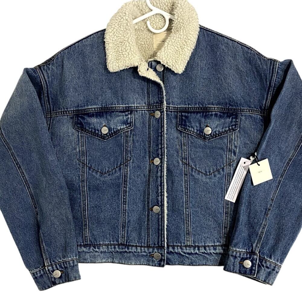 tgla Jean Denim Jacket Womens Large Blue Sherpa Lined Trucker Collar Casual
